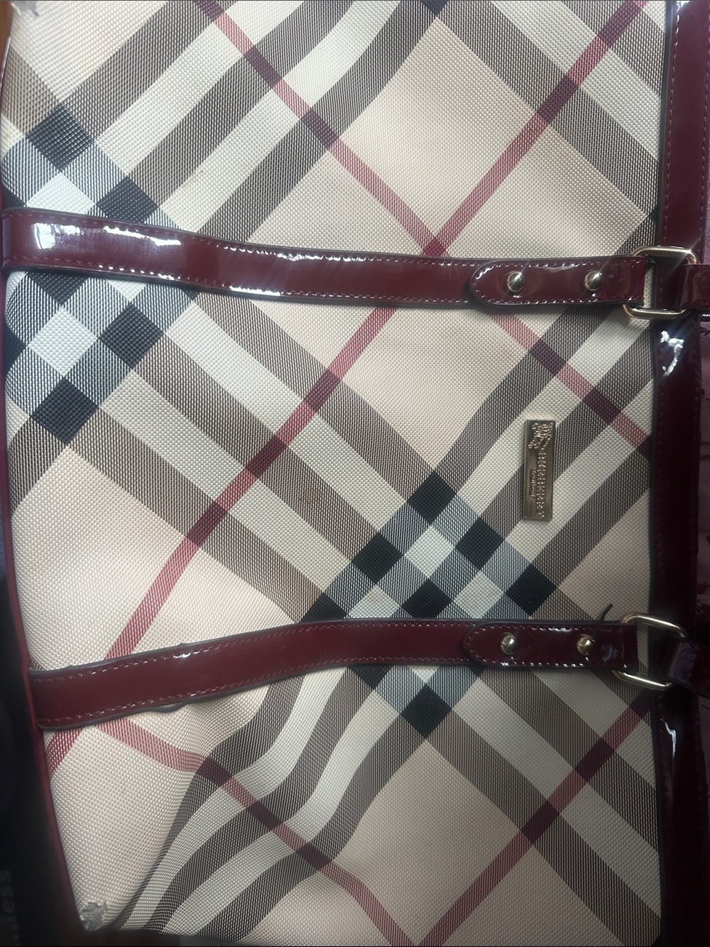 Women's Check Tote Bag with Burgundy Trim